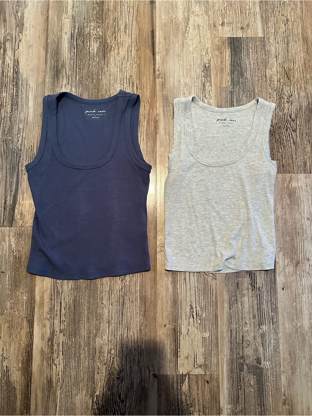 Pink Rose Navy & Light Gray Ribbed Scoop Tank Tops